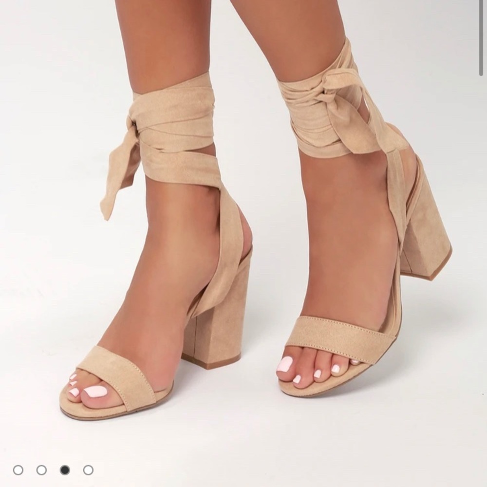 Lulus Alta Light Nude Suede Lace up Heels - Picture 3 of 6